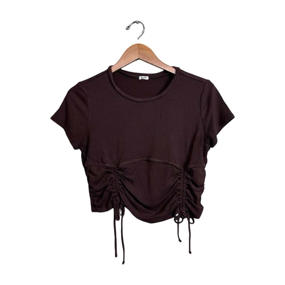Garage Brown Rayon Knit Crew Neck Ruched Drawstring Cropped Tee Size XL
